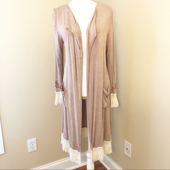 POL Embroidered Fringe Trimmed Duster/Kimono - S - Picture 2 of 10